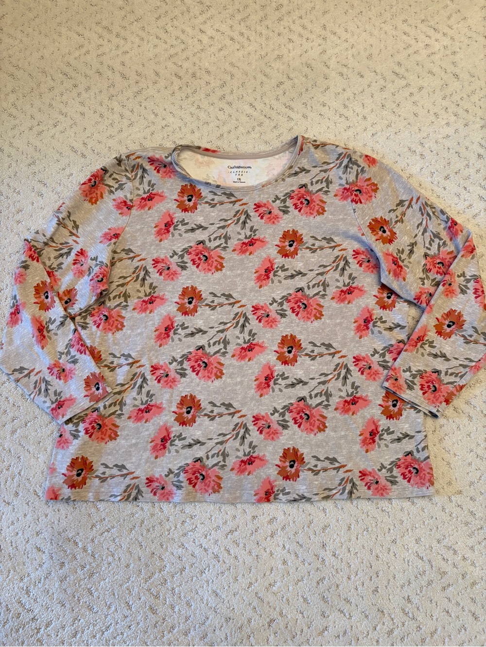 Croft Barrow Classic Long Sleeve Tee Size 1X Grey Peach Floral Cotton Casual